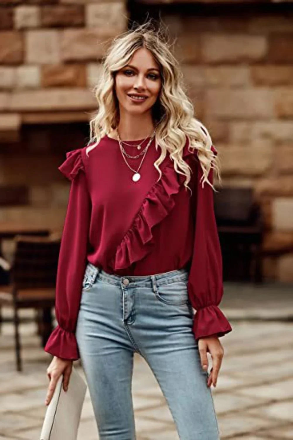 Ruffled Round Neck Long Sleeve Top - VILLA FASHION
